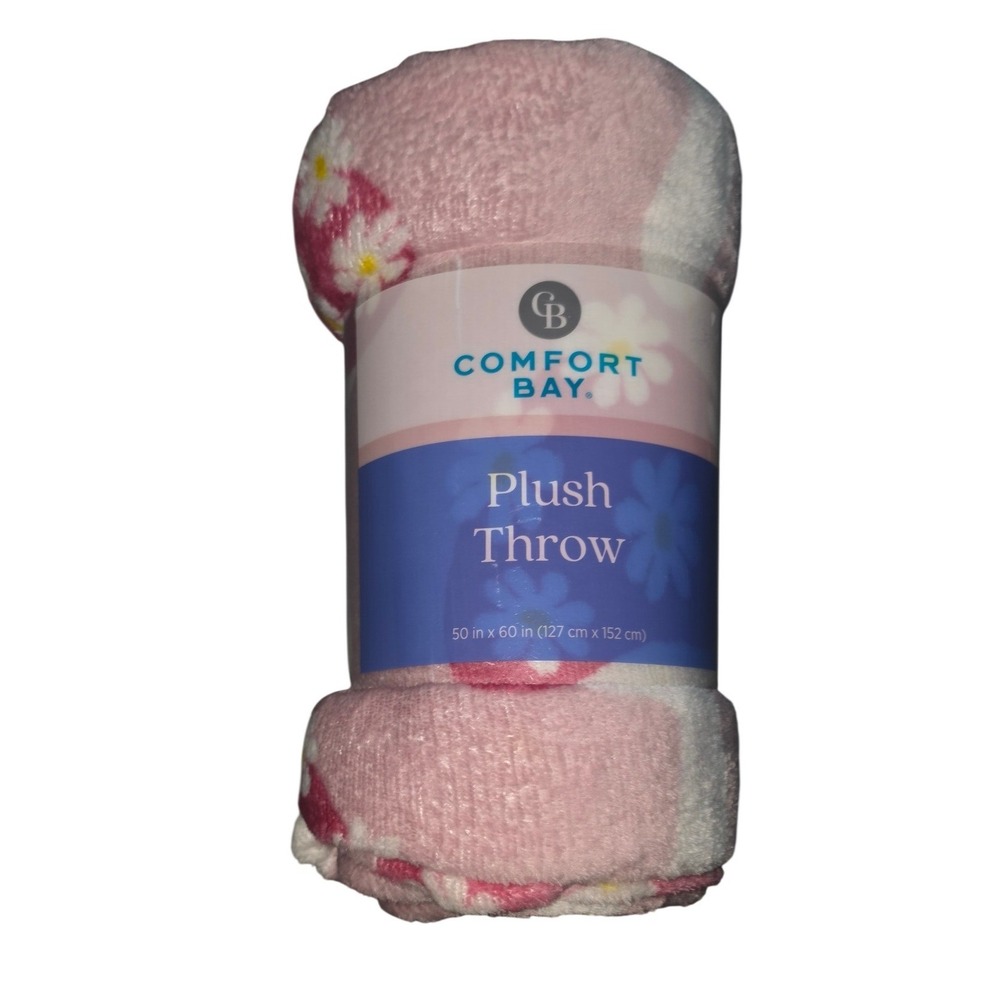 Comfort Bay Plush Throw Blanket Pink White Daisy Floral 50x60 Soft Fuzzy Fleece